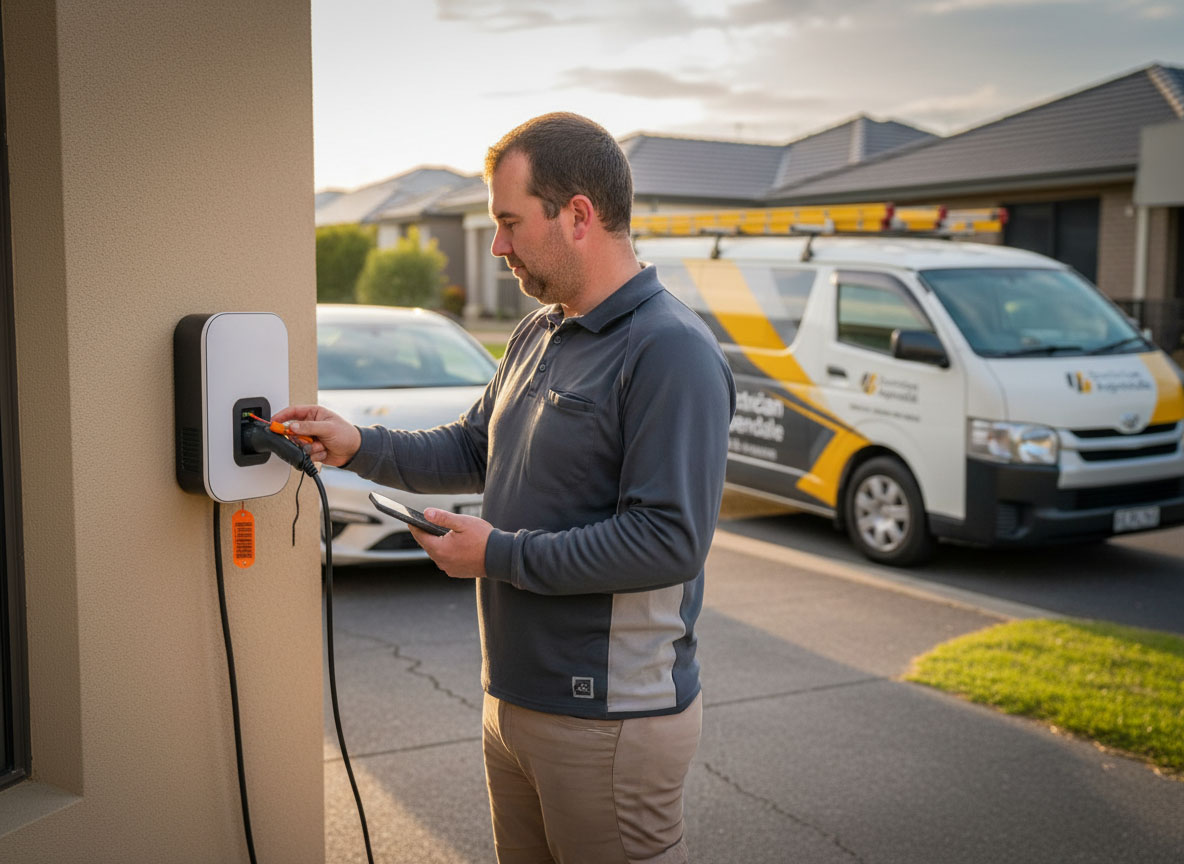 Electrician connecting an EV charger at a Melbourne home