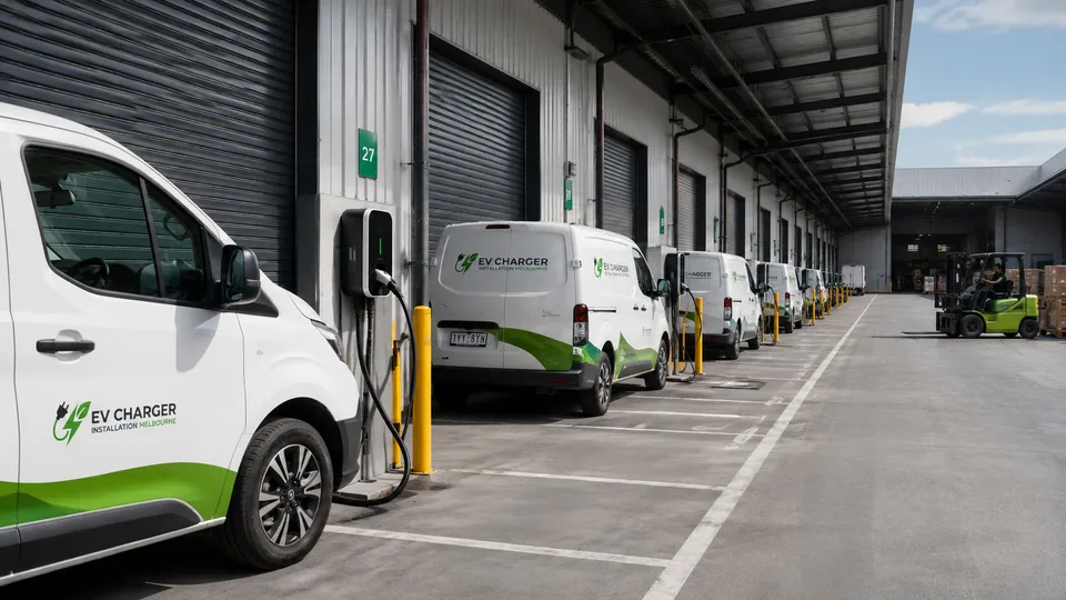 Electric vehicles charging at a commercial warehouse