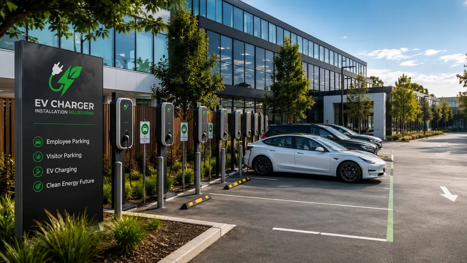 Multiple EV chargers installed in an office car park